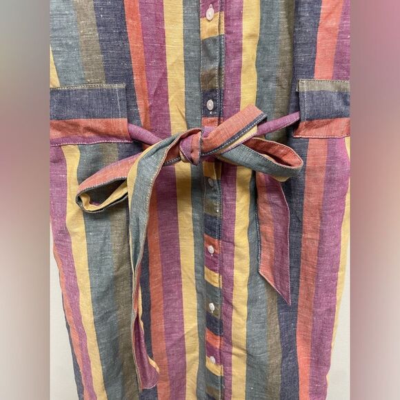 United Colors Of Benetton Yellow & Pink Striped Belted Linen Blend Shirt Dress M - Picture 4 of 7